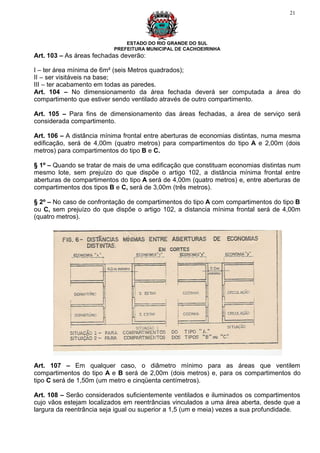 21




                              ESTADO DO RIO GRANDE DO SUL
                          PREFEITURA MUNICIPAL DE CACHOEIRINHA
Art. 103 – As áreas fechadas deverão:

I – ter área mínima de 6m² (seis Metros quadrados);
II – ser visitáveis na base;
III – ter acabamento em todas as paredes.
Art. 104 – No dimensionamento da área fechada deverá ser computada a área do
compartimento que estiver sendo ventilado através de outro compartimento.

Art. 105 – Para fins de dimensionamento das áreas fechadas, a área de serviço será
considerada compartimento.

Art. 106 – A distância mínima frontal entre aberturas de economias distintas, numa mesma
edificação, será de 4,00m (quatro metros) para compartimentos do tipo A e 2,00m (dois
metros) para compartimentos do tipo B e C.

§ 1º – Quando se tratar de mais de uma edificação que constituam economias distintas num
mesmo lote, sem prejuízo do que dispõe o artigo 102, a distância mínima frontal entre
aberturas de compartimentos do tipo A será de 4,00m (quatro metros) e, entre aberturas de
compartimentos dos tipos B e C, será de 3,00m (três metros).

§ 2º – No caso de confrontação de compartimentos do tipo A com compartimentos do tipo B
ou C, sem prejuízo do que dispõe o artigo 102, a distancia mínima frontal será de 4,00m
(quatro metros).




Art. 107 – Em qualquer caso, o diâmetro mínimo para as áreas que ventilem
compartimentos do tipo A e B será de 2,00m (dois metros) e, para os compartimentos do
tipo C será de 1,50m (um metro e cinqüenta centímetros).

Art. 108 – Serão considerados suficientemente ventilados e iluminados os compartimentos
cujo vãos estejam localizados em reentrâncias vinculados a uma área aberta, desde que a
largura da reentrância seja igual ou superior a 1,5 (um e meia) vezes a sua profundidade.
 