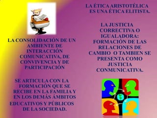 LA ÉTICA ARISTOTÉLICA ES UNA ÉTICA ELITISTA.LA JUSTICIA CORRECTIVA O IGUALADORA: FORMACIÓN DE LAS RELACIONES DE CAMBIO  O TAMBIEN SE PRESENTA COMO JUSTICIA CONMUNICATIVA.LA CONSOLIDACIÓN DE UN AMBIENTE DE INTERACCIÓN COMUNICATIVA, DE  CONVIVENCIA Y DE PARTICIPACIÓNSE ARTICULA CON LA FORMACIÓN QUE SE RECIBE EN LA FAMILIA Y EN LOS DEMÁS ÁMBITOSEDUCATIVOS Y PÚBLICOS DE LA SOCIEDAD. 