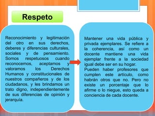 Respeto
Reconocimiento y legitimación
del otro en sus derechos,
deberes y diferencias culturales,
sociales y de pensamiento.
Somos respetuosos cuando
reconocemos, aceptamos y
valoramos los Derechos
Humanos y constitucionales de
nuestros compañeros y de los
ciudadanos, y les brindamos un
trato digno, independientemente
de sus diferencias de opinión y
jerarquía.
Mantener una vida pública y
privada ejemplares. Se refiere a
la coherencia, así como un
docente mantiene una vida
ejemplar frente a la sociedad
igual debe ser en su hogar.
Pueden haber profesores que
cumplen este artículo, como
habrán otros que no. Pero no
existe un porcentaje que lo
afirme o lo niegue, esto queda a
conciencia de cada docente.
 
