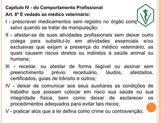 Capítulo IV - do Comportamento Profissional
Art. 8º É vedado ao médico veterinário:
I - prescrever medicamentos sem registro no órgão competente,
salvo quando se tratar de manipulação;
II - afastar-se de suas atividades profissionais sem deixar outro
colega para substituí-lo em atividades essenciais e/ou
exclusivas que exijam a presença do médico veterinário, as
quais causem riscos diretos ou indiretos à saúde animal ou
humana;
III - receitar, ou atestar de forma ilegível ou assinar sem
preenchimento prévio receituário, laudos, atestados,
certificados, guias de trânsito e outros;
IV - deixar de comunicar aos seus auxiliares as condições de
trabalho que possam colocar em risco sua saúde ou sua
integridade física, bem como deixar de esclarecer os
procedimentos adequados para evitar tais riscos;
V - praticar atos que a lei defina como crime ou contravenção;
 
