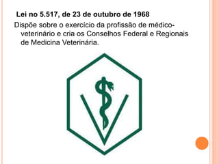 Lei no 5.517, de 23 de outubro de 1968
Dispõe sobre o exercício da profissão de médico-
veterinário e cria os Conselhos Federal e Regionais
de Medicina Veterinária.
 