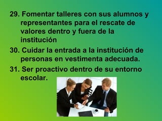 29. Fomentar talleres con sus alumnos y representantes para el rescate de valores dentro y fuera de la institución 30. Cuidar la entrada a la institución de personas en vestimenta adecuada. 31. Ser proactivo dentro de su entorno escolar. 
