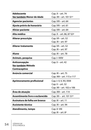 CÓDIGO DE
ÉTICA MÉDICA
54
Adolescente
Ver também Menor de idade
Cap. X – art. 74
Cap. XII – art. 101 §1º
Agenciar pacientes Cap. VIII – art. 64
Ajuste prévio de honorário Cap. VIII – art. 61
Aliciar paciente Cap. VIII – art. 64
Alta médica Cap. X – art. 86, 87 §3º
Alterar prescrição Cap. VII – art. 52
Cap. XI – art. 97
Alterar tratamento Cap. VII – art. 52
Cap. XI – art. 97
Aluno Cap. IX – art. 78
Animais, pesquisa Cap. I- XXIV
Anticoncepção
Ver também Método
Contraceptivo
Cap. V – art. 42
Anúncio comercial Cap. IX – art. 75
Cap. XIII – art. 115 e 117
Aprimoramento profissional Cap. I- II, V, XV, XXIII
Cap. V – art. 32
Cap. XII – art. 102 e 106
Área de atuação Cap. XIII – art. 114
Assentimento livre e esclarecido Cap. XII – art. 101 §1º
Assinatura de folha em branco Cap. III – art. 11
Assistente técnico Cap. XI – art. 94
Atendimento, tempo Cap. II- VIII
Cap. III – art. 8º
 