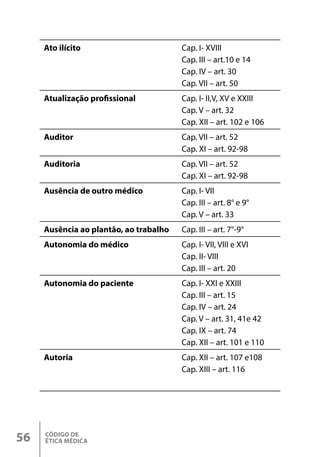 CÓDIGO DE
ÉTICA MÉDICA
56
Ato ilícito Cap. I- XVIII
Cap. III – art.10 e 14
Cap. IV – art. 30
Cap. VII – art. 50
Atualização profissional Cap. I- II,V, XV e XXIII
Cap. V – art. 32
Cap. XII – art. 102 e 106
Auditor Cap. VII – art. 52
Cap. XI – art. 92-98
Auditoria Cap. VII – art. 52
Cap. XI – art. 92-98
Ausência de outro médico Cap. I- VII
Cap. III – art. 8° e 9°
Cap. V – art. 33
Ausência ao plantão, ao trabalho Cap. III – art. 7°-9°
Autonomia do médico Cap. I- VII, VIII e XVI
Cap. II- VIII
Cap. III – art. 20
Autonomia do paciente Cap. I- XXI e XXIII
Cap. III – art. 15
Cap. IV – art. 24
Cap. V – art. 31, 41e 42
Cap. IX – art. 74
Cap. XII – art. 101 e 110
Autoria Cap. XII – art. 107 e108
Cap. XIII – art. 116
 