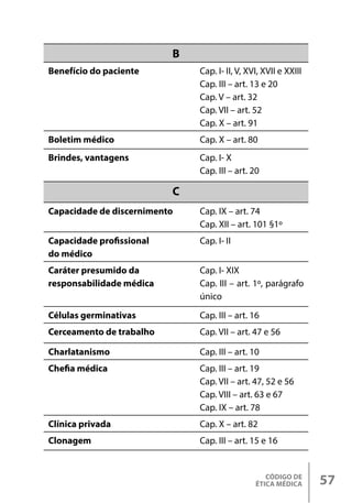 CÓDIGO DE
ÉTICA MÉDICA 57
B
Benefício do paciente Cap. I- II, V, XVI, XVII e XXIII
Cap. III – art. 13 e 20
Cap. V – art. 32
Cap. VII – art. 52
Cap. X – art. 91
Boletim médico Cap. X – art. 80
Brindes, vantagens Cap. I- X
Cap. III – art. 20
C
Capacidade de discernimento Cap. IX – art. 74
Cap. XII – art. 101 §1º
Capacidade profissional
do médico
Cap. I- II
Caráter presumido da
responsabilidade médica
Cap. I- XIX
Cap. III – art. 1º, parágrafo
único
Células germinativas Cap. III – art. 16
Cerceamento de trabalho Cap. VII – art. 47 e 56
Charlatanismo Cap. III – art. 10
Chefia médica Cap. III – art. 19
Cap. VII – art. 47, 52 e 56
Cap. VIII – art. 63 e 67
Cap. IX – art. 78
Clínica privada Cap. X – art. 82
Clonagem Cap. III – art. 15 e 16
 