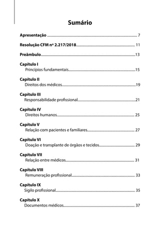 Sumário
Apresentação ..................................................................................................... 7
Resolução CFM nº 2.217/2018.................................................................. 11
Preâmbulo..........................................................................................................13
Capítulo I
Princípios fundamentais...........................................................................15
Capítulo II
Direitos dos médicos...................................................................................19
Capítulo III
Responsabilidade profissional.................................................................21
Capítulo IV
Direitos humanos....................................................................................... 25
Capítulo V
Relação com pacientes e familiares..................................................... 27
Capítulo VI
Doação e transplante de órgãos e tecidos........................................ 29
Capítulo VII
Relação entre médicos............................................................................. 31
Capítulo VIII
Remuneração profissional....................................................................... 33
Capítulo IX
Sigilo profissional......................................................................................... 35
Capítulo X
Documentos médicos................................................................................ 37
 