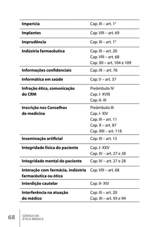 CÓDIGO DE
ÉTICA MÉDICA
68
Imperícia Cap. III – art. 1°
Implantes Cap. VIII – art. 69
Imprudência Cap. III – art. 1°
Indústria farmacêutica Cap. III – art. 20
Cap. VIII – art. 68
Cap. XII – art. 104 e 109
Informações confidenciais Cap. IX – art. 76
Informática em saúde Cap. V – art. 37
Infração ética, comunicação
do CRM
Preâmbulo IV
Cap. I- XVIII
Cap. II- III
Inscrição nos Conselhos
de medicina
Preâmbulo III
Cap. I- XIV
Cap. III – art. 11
Cap. X – art. 87
Cap. XIII – art. 118
Inseminação artificial Cap. III – art. 15
Integridade física do paciente Cap. I- XXV
Cap. IV – art. 27 e 28
Integridade mental do paciente Cap. IV – art. 27 e 28
Interação com farmácia, indústria
farmacêutica ou ótica
Cap. VIII – art. 68
Interdição cautelar Cap. II- XIV
Interferência na atuação
do médico
Cap. III – art. 20
Cap. XI – art. 93 e 94
 