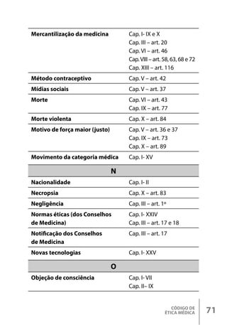 CÓDIGO DE
ÉTICA MÉDICA 71
Mercantilização da medicina Cap. I- IX e X
Cap. III – art. 20
Cap. VI – art. 46
Cap.VIII – art. 58, 63, 68 e 72
Cap. XIII – art. 116
Método contraceptivo Cap. V – art. 42
Mídias sociais Cap. V – art. 37
Morte Cap. VI – art. 43
Cap. IX – art. 77
Morte violenta Cap. X – art. 84
Motivo de força maior (justo) Cap. V – art. 36 e 37
Cap. IX – art. 73
Cap. X – art. 89
Movimento da categoria médica Cap. I- XV
N
Nacionalidade Cap. I- II
Necropsia Cap. X – art. 83
Negligência Cap. III – art. 1º
Normas éticas (dos Conselhos
de Medicina)
Cap. I- XXIV
Cap. III – art. 17 e 18
Notificação dos Conselhos
de Medicina
Cap. III – art. 17
Novas tecnologias Cap. I- XXV
O
Objeção de consciência Cap. I- VII
Cap. II– IX
 