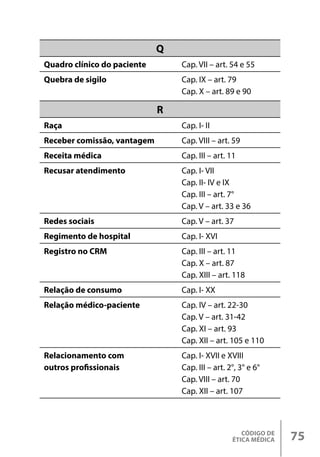 CÓDIGO DE
ÉTICA MÉDICA 75
Q
Quadro clínico do paciente Cap. VII – art. 54 e 55
Quebra de sigilo Cap. IX – art. 79
Cap. X – art. 89 e 90
R
Raça Cap. I- II
Receber comissão, vantagem Cap. VIII – art. 59
Receita médica Cap. III – art. 11
Recusar atendimento Cap. I- VII
Cap. II- IV e IX
Cap. III – art. 7°
Cap. V – art. 33 e 36
Redes sociais Cap. V – art. 37
Regimento de hospital Cap. I- XVI
Registro no CRM Cap. III – art. 11
Cap. X – art. 87
Cap. XIII – art. 118
Relação de consumo Cap. I- XX
Relação médico-paciente Cap. IV – art. 22-30
Cap. V – art. 31-42
Cap. XI – art. 93
Cap. XII – art. 105 e 110
Relacionamento com
outros profissionais
Cap. I- XVII e XVIII
Cap. III – art. 2°, 3° e 6°
Cap. VIII – art. 70
Cap. XII – art. 107
 