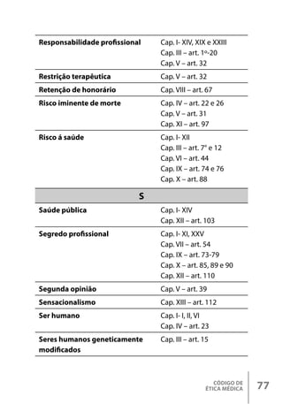 CÓDIGO DE
ÉTICA MÉDICA 77
Responsabilidade profissional Cap. I- XIV, XIX e XXIII
Cap. III – art. 1º-20
Cap. V – art. 32
Restrição terapêutica Cap. V – art. 32
Retenção de honorário Cap. VIII – art. 67
Risco iminente de morte Cap. IV – art. 22 e 26
Cap. V – art. 31
Cap. XI – art. 97
Risco á saúde Cap. I- XII
Cap. III – art. 7° e 12
Cap. VI – art. 44
Cap. IX – art. 74 e 76
Cap. X – art. 88
S
Saúde pública Cap. I- XIV
Cap. XII – art. 103
Segredo profissional Cap. I- XI, XXV
Cap. VII – art. 54
Cap. IX – art. 73-79
Cap. X – art. 85, 89 e 90
Cap. XII – art. 110
Segunda opinião Cap. V – art. 39
Sensacionalismo Cap. XIII – art. 112
Ser humano Cap. I- I, II, VI
Cap. IV – art. 23
Seres humanos geneticamente
modificados
Cap. III – art. 15
 