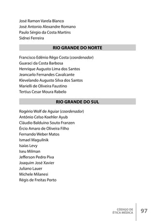 CÓDIGO DE
ÉTICA MÉDICA 97
Francisco Edênio Rêgo Costa (coordenador)
Guaraci da Costa Barbosa
Henrique Augusto Lima dos Santos
Jeancarlo Fernandes Cavalcante
Klevelando Augusto Silva dos Santos
Marielli de Oliveira Faustino
Tertius Cesar Moura Rabelo
Rogério Wolf de Aguiar (coordenador)
Antônio Celso Koehler Ayub
Cláudio Balduíno Souto Franzen
Ércio Amaro de Oliveira Filho
Fernando Weber Matos
Ismael Maguilnik
Isaías Levy
Iseu Milman
Jefferson Pedro Piva
Joaquim José Xavier
Juliano Lauer
Michele Milanesi
Régis de Freitas Porto
RIO GRANDE DO NORTE
RIO GRANDE DO SUL
José Ramon Varela Blanco
José Antonio Alexandre Romano
Paulo Sérgio da Costa Martins
Sidnei Ferreira
 