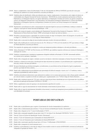 285/08 Alterar e complementar o Anexo II da Resolução nº 168, de 14 de dezembro de 2004 do CONTRAN, que trata dos cursos para
habilitação de condutores de veículos automotores e dá outras providências................................................................................................... 487
286/08 Estabelece placa de identiﬁcação e deﬁne procedimentos para o registro, emplacamento e licenciamento, pelos órgãos de trânsito em
conformidade com o Registro Nacional de Veículos Automotores – RENAVAM, de veículos automotores pertencentes às Missões
Diplomáticas e às Delegações Especiais, aos agentes diplomáticos, às Repartições Consulares de Carreira, aos agentes consulares de
carreira, aos Organismos Internacionais e seus funcionários, aos Funcionários Estrangeiros Administrativos e Técnicos das Missões
Diplomáticas, de Delegações Especiais e de Repartições Consulares de Carreira e aos Peritos Estrangeiros de Cooperação
Internacional ...................................................................................................................................................................................................... 487
287/08 Regulamenta o procedimento de coleta e armazenamento de impressão digital nos processos de habilitação, mudança ou adição de
categoria e renovação da Carteira Nacional de Habilitação - CNH .................................................................................................................. 488
289/08 Dispõe sobre normas de atuação a serem adotadas pelo Departamento Nacional de Infra-Estrutura de Transportes - DNIT e o
Departamento de Polícia Rodoviária Federal - DPRF na ﬁscalização do trânsito nas rodovias federais.......................................................... 490
290/08 Disciplina a inscrição de pesos e capacidades em veículos de tração, de carga e de transporte coletivo de passageiros, de acordo com
os artigos 117, 230-XXI, 231-V e X, do Código de Trânsito Brasileiro ........................................................................................................... 491
291/08 Dispõe sobre a concessão de código de marca/modelo/versão para veículos e dá outras providências............................................................ 493
292/08 Dispõe sobre modiﬁcações de veículos previstas nos arts. 98 e 106 da Lei nº 9.503, de 23 de setembro de 1997, que instituiu o Código
de Trânsito Brasileiro e dá outras providências................................................................................................................................................. 496
293/08 Fixa requisitos de segurança para circulação de veículos que transportem produtos siderúrgicos e dá outras providências ........................... 505
294/08 Altera a Resolução nº 227/2007, de 09 de fevereiro, do CONTRAN, que estabelece requisitos referentes aos sistemas de iluminação e
sinalização de veículos....................................................................................................................................................................................... 512
295/08 Estabelece cronograma para a instalação de equipamento obrigatório deﬁnido na Resolução nº 245/2007, denominado antifurto,
nos veículos novos, nacionais e importados...................................................................................................................................................... 513
296/08 Dispõe sobre a integração dos órgãos e entidades executivos de trânsito e rodoviários municipais ao Sistema Nacional de Trânsito............ 514
297/08 Estabelece o relatório de avarias para a classiﬁcação dos danos decorrentes de acidentes e os procedimentos para a regularização ou
baixa dos veículos e dá outras providências...................................................................................................................................................... 515
298/08 Revoga as Resoluções que declaram derrogadas, ou insubsistentes, ou sem eﬁcácia em face de dispositivo legal ou regulamentar
posterior, que dispôs de forma contrária............................................................................................................................................................ 524
299/08 Dispõe sobre a padronização dos procedimentos para apresentação de defesa de autuação e recurso, em 1ª e 2ª instâncias, contra a
imposição de penalidade de multa de trânsito................................................................................................................................................... 524
300/08 Estabelece procedimento administrativo para submissão do condutor a novos exames para que possa voltar a dirigir quando condenado
por crime de trânsito, ou quando envolvido em acidente grave, regulamentando o art. nº 160 do Código de Trânsito Brasileiro................... 525
301/08 Dispõe sobre a tolerância máxima de 7,5% (sete e meio por cento) de peso bruto, transferidos por eixo ao pavimento das vias publicas
para efeitos da aplicação da Resolução CONTRAN nº 258/2007..................................................................................................................... 527
302/08 Deﬁne e regulamenta as áreas de segurança e de estacionamentos especíﬁcos de veículos ............................................................................. 527
303/08 Dispõe sobre as vagas de estacionamento de veículos destinadas exclusivamente às pessoas idosas.............................................................. 528
304/08 Dispõe sobre as vagas de estacionamento destinadas exclusivamente a veículos que transportem pessoas portadoras de deﬁciência e
com diﬁculdade de locomoção .......................................................................................................................................................................... 530
PORTARIAS DO DENATRAN
01/89 Dispõe sobre os procedimentos para o registro e licenciamento de veículos transportadores de contêineres .................................................. 535
28/93 Dispõe sobre o credenciamento para ministrar o “Curso de Técnicas de Identiﬁcação Veicular e Documental”............................................. 537
31/93 Dispõe sobre o disposto no Art. 5º, inciso I da Resolução nº 765/93................................................................................................................ 537
03/94 Dispõe sobre a numeração tipográﬁca de que trata o item 3.2.5, do Anexo II, da Resolução CONTRAN nº 765/93..................................... 538
29/94 Trata do “Curso de Técnicas de Identiﬁcação Veicular e Documental”............................................................................................................ 538
45/94 Institui o “Curso de Treinamento para Coordenadores do Sistema RENACH”................................................................................................ 539
46/94 Institui o “Curso de Treinamento para Coordenadores do Sistema RENAVAM”............................................................................................. 539
04/98 Dispõe sobre a autorização especíﬁca de que trata o § 4º do art. 1º da Resolução 12/98-CONTRAN............................................................. 539
13/98 Dispõe sobre o transporte de veículo automotor novo ...................................................................................................................................... 540
47/98 Estabelece os procedimentos à concessão do código de marca-modelo-versão de veículos do RENAVAM e emissão do Certiﬁcado de
Adequação à Legislação de Trânsito – CAT...................................................................................................................................................... 540
 
