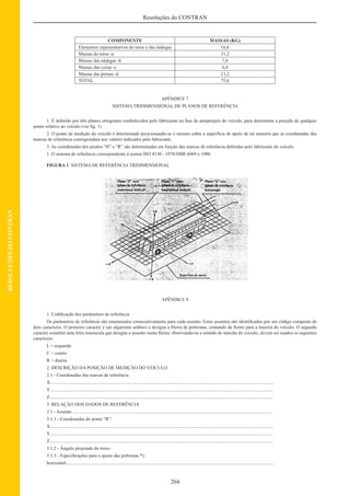 204
Resoluções do CONTRAN
RESOLUÇÕESDOCONTRAN
COMPONENTE MASSAS (KG)
Elementos representativos do torso e das nádegas 16,6
Massas do torso -a 31,2
Massas das nádegas -b 7,8
Massas das coxas -c 6,8
Massas das pernas -d 13,2
TOTAL 75,6
APÊNDICE 7
SISTEMA TRIDIMENSIONAL DE PLANOS DE REFERÊNCIA
1. É deﬁnido por três planos ortogonais estabelecidos pelo fabricante na fase de anteprojeto do veículo, para determinar a posição de qualquer
ponto relativo ao veículo (ver ﬁg. 1).
2. O ponto de medição do veículo é determinado posicionando-se o mesmo sobre a superfície de apoio de tal maneira que as coordenadas das
marcas de referência correspondam aos valores indicados pelo fabricante.
3. As coordenadas dos pontos “H” e “R” são determinadas em função das marcas de referência deﬁnidas pelo fabricante do veículo.
1. O sistema de referência correspondente à norma ISO 4130 - 1978/NBR 6069 e 1980.
FIGURA 1: SISTEMA DE REFERÊNCIA TRIDIMENSIONAL
APÊNDICE 8
1. Codiﬁcação dos parâmetros de referência
Os parâmetros de referência são enumerados consecutivamente para cada assento. Estes assentos são identiﬁcados por um código composto de
dois caracteres. O primeiro caracter é um algarismo arábico e designa a ﬁleira de poltronas, contando da frente para a traseira do veículo. O segundo
caracter constitui uma letra maiúscula que designa o assento numa ﬁleira; observando-se o sentido de marcha do veículo, devem ser usados os seguintes
caracteres:
L = esquerda
C = centro
R = direita
2. DESCRIÇÃO DA POSIÇÃO DE MEDIÇÃO DO VEÍCULO
2.1 - Coordenadas das marcas de referência
X..............................................................................................................................................................................................
Y..............................................................................................................................................................................................
Z..............................................................................................................................................................................................
3. RELAÇÃO DOS DADOS DE REFERÊNCIA
3.1 - Assento...........................................................................................................................................................................
3.1.1 - Coordenadas do ponto “R”:
X..............................................................................................................................................................................................
Y..............................................................................................................................................................................................
Z..............................................................................................................................................................................................
3.1.2 - Ângulo projetado do torso:
3.1.3 - Especiﬁcações para o ajuste das poltronas *):
horizontal:................................................................................................................................................................................
 