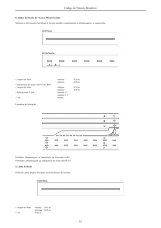 81
Código de Trânsito Brasileiro
b) Linhas de Divisão de Fluxo de Mesmo Sentido
Separam os movimentos veiculares de mesmo sentido e regulamentam a ultrapassagem e a transposição.
- Largura da linha: mínima 0,10 m
máxima 0,20 m
- Demarcação de faixa exclusiva no ﬂuxo
- Largura da linha: mínima 0,20 m
máxima 0,30 m
- Relação entre A e B: mínima 1:2
máxima 1:3
- Cor: branca
Exemplos de Aplicação:
Proibida a ultrapassagem e a transposição de faixa entre A-B-C
Permitida a ultrapassagem e a transposição de faixa entre D-E-F
c) Linha de Bordo
Delimita a parte da pista destinada ao deslocamento de veículos.
- Largura da linha: mínima 0,10 m
máxima 0,30 m
- Cor: branca
 