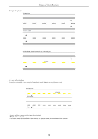 82
Código de Trânsito Brasileiro
Exemplos de Aplicação:
d) Linha de Continuidade
Proporciona continuidade a outras marcações longitudinais, quando há quebra no seu alinhamento visual.
- Largura da linha: a mesma da linha à qual dá continuidade
- Relação entre A e B = 1:1
- Cor branca, quando dá continuidade a linhas brancas; cor amarela, quando dá continuidade a linhas amarelas.
 