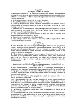 Artigo 49.º
Faltas para assistência a netos
1 - Para efeitos do artigo 32.º do Regime, o trabalhador que pretenda faltar ao trabalho
em caso de nascimento de netos que sejam filhos de adolescentes com idade inferior
a 16 anos deve informar a entidade empregadora pública com a antecedência de cinco
dias, declarando que:
a) O neto vive consigo em comunhão de mesa e habitação;
b) O neto é filho de adolescente com idade inferior a 16 anos;
c) O cônjuge do trabalhador exerce actividade profissional ou se encontra física ou
psiquicamente impossibilitado de cuidar do neto ou não vive em comunhão de mesa e
habitação com este.
2 - Se houver dois titulares do direito, estes podem gozar apenas um período de faltas,
integralmente por um deles, ou por ambos em tempo parcial ou em períodos
sucessivos, conforme decisão conjunta.
3 - Nos casos referidos no número anterior, o titular que faltar ao trabalho deve
apresentar à entidade empregadora pública:
a) O documento de que conste a decisão conjunta;
b) A prova de que o outro titular informou a respectiva entidade empregadora, pública
ou privada, da decisão conjunta.
Artigo 50.º
Licença parental
1 - Para efeitos dos n.os 1 e 2 do artigo 34.º do Regime, o pai ou a mãe que pretenda
utilizar a licença parental, ou os regimes alternativos de trabalho a tempo parcial ou de
períodos intercalados de ambos, deve informar a entidade empregadora pública, por
escrito, do início e termo do período de licença, do trabalho a tempo parcial ou dos
períodos intercalados pretendidos.
2 - Se ambos os progenitores pretenderem gozar simultaneamente a licença e
estiverem ao serviço da mesma entidade empregadora pública, esta pode adiar a
licença de um deles com fundamento em exigências imperiosas ligadas ao
funcionamento do órgão ou serviço e desde que seja fornecida por escrito a respectiva
fundamentação.
Artigo 51.º
Licenças para assistência a filho ou adoptado e pessoa com deficiência ou
doença crónica
1 - Para efeitos dos n.os 3 e 4 do artigo 34.º e do n.º 1 do artigo 35.º do Regime, o
trabalhador tem direito a licença especial para assistência a filho ou adoptado ou a
licença para assistência a pessoa com deficiência ou doença crónica se o outro
progenitor exercer actividade profissional ou estiver impedido ou inibido totalmente de
exercer o poder paternal.
2 - Se houver dois titulares, a licença pode ser gozada por qualquer deles ou por
ambos em períodos sucessivos.
3 - O trabalhador deve informar a entidade empregadora pública, por escrito e com a
antecedência de 30 dias, do início e termo do período em que pretende gozar a licença
e declarar que o outro progenitor tem actividade profissional e não se encontra ao
mesmo tempo em situação de licença ou está impedido ou inibido totalmente de
exercer o poder paternal, que o filho faz parte do seu agregado familiar e não está
esgotado o período máximo de duração da licença.
4 - Na falta de indicação em contrário por parte do trabalhador, a licença tem a
duração de seis meses.
5 - O trabalhador deve comunicar à entidade empregadora pública, por escrito e com a
antecedência de 15 dias relativamente ao termo do período de licença, a sua intenção
de regressar ao trabalho, ou de a prorrogar, excepto se o período máximo da licença
entretanto se completar.
 