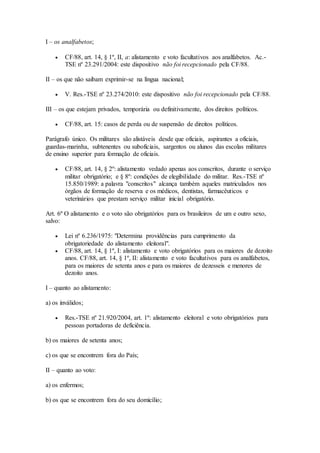 I – os analfabetos;
 CF/88, art. 14, § 1º, II, a: alistamento e voto facultativos aos analfabetos. Ac.-
TSE nº 23.291/2004: este dispositivo não foi recepcionado pela CF/88.
II – os que não saibam exprimir-se na língua nacional;
 V. Res.-TSE nº 23.274/2010: este dispositivo não foi recepcionado pela CF/88.
III – os que estejam privados, temporária ou definitivamente, dos direitos políticos.
 CF/88, art. 15: casos de perda ou de suspensão de direitos políticos.
Parágrafo único. Os militares são alistáveis desde que oficiais, aspirantes a oficiais,
guardas-marinha, subtenentes ou suboficiais, sargentos ou alunos das escolas militares
de ensino superior para formação de oficiais.
 CF/88, art. 14, § 2º: alistamento vedado apenas aos conscritos, durante o serviço
militar obrigatório; e § 8º: condições de elegibilidade do militar. Res.-TSE nº
15.850/1989: a palavra "conscritos" alcança também aqueles matriculados nos
órgãos de formação de reserva e os médicos, dentistas, farmacêuticos e
veterinários que prestam serviço militar inicial obrigatório.
Art. 6º O alistamento e o voto são obrigatórios para os brasileiros de um e outro sexo,
salvo:
 Lei nº 6.236/1975: "Determina providências para cumprimento da
obrigatoriedade do alistamento eleitoral".
 CF/88, art. 14, § 1º, I: alistamento e voto obrigatórios para os maiores de dezoito
anos. CF/88, art. 14, § 1º, II: alistamento e voto facultativos para os analfabetos,
para os maiores de setenta anos e para os maiores de dezesseis e menores de
dezoito anos.
I – quanto ao alistamento:
a) os inválidos;
 Res.-TSE nº 21.920/2004, art. 1º: alistamento eleitoral e voto obrigatórios para
pessoas portadoras de deficiência.
b) os maiores de setenta anos;
c) os que se encontrem fora do País;
II – quanto ao voto:
a) os enfermos;
b) os que se encontrem fora do seu domicílio;
 