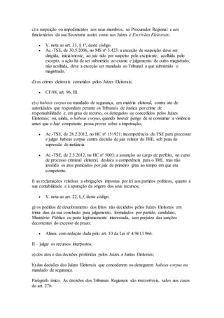c) a suspeição ou impedimentos aos seus membros, ao Procurador Regional e aos
funcionários da sua Secretaria assim como aos Juízes e Escrivães Eleitorais;
 V. nota ao art. 33, § 1º, deste código.
 Ac.-TSE, de 30.5.2006, no MS nº 3.423: a exceção de suspeição deve ser
dirigida, inicialmente, ao juiz tido por suspeito pelo excipiente; acolhida pelo
excepto, a ação há de ser submetida ao exame e julgamento de outro magistrado;
não acolhida, deve a exceção ser mandada ao Tribunal a que submetido o
magistrado.
d) os crimes eleitorais cometidos pelos Juízes Eleitorais;
 CF/88, art. 96, III.
e) o habeas corpus ou mandado de segurança, em matéria eleitoral, contra ato de
autoridades que respondam perante os Tribunais de Justiça por crime de
responsabilidade e, em grau de recurso, os denegados ou concedidos pelos Juízes
Eleitorais; ou, ainda, o habeas corpus, quando houver perigo de se consumar a violência
antes que o Juiz competente possa prover sobre a impetração;
 Ac.-TSE, de 28.2.2012, no HC nº 151921: incompetência do TSE para processar
e julgar habeas corpus contra decisão de juiz relator de TRE, sob pena de
supressão de instância.
 Ac.-TSE, de 2.5.2012, no HC nº 5003: a assunção ao cargo de prefeito, no curso
de processo criminal eleitoral, desloca a competência para o TRE, mas não
invalida os atos praticados por juiz de primeiro grau ao tempo em que era
competente.
f) as reclamações relativas a obrigações impostas por lei aos partidos políticos, quanto à
sua contabilidade e à apuração da origem dos seus recursos;
 V. nota ao art. 22, I, f, deste código.
g) os pedidos de desaforamento dos feitos não decididos pelos Juízes Eleitorais em
trinta dias da sua conclusão para julgamento, formulados por partido, candidato,
Ministério Público ou parte legitimamente interessada, sem prejuízo das sanções
decorrentes do excesso de prazo;
 Alínea com redação dada pelo art. 10 da Lei nº 4.961/1966.
II – julgar os recursos interpostos:
a) dos atos e das decisões proferidas pelos Juízes e Juntas Eleitorais;
b) das decisões dos Juízes Eleitorais que concederem ou denegarem habeas corpus ou
mandado de segurança.
Parágrafo único. As decisões dos Tribunais Regionais são irrecorríveis, salvo nos casos
do art. 276.
 