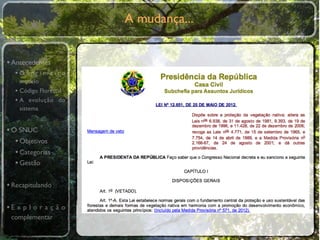 A mudança...


• Antecedentes
  •O primeiro
    modelo
  • Código Florestal
  • A evolução do
    sistema


• O SNUC
   • Objetivos
   • Categorias
   • Gestão

• Recapitulando

•E x p l o r a ç ã o
 complementar
 