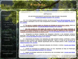 A mudança...


• Antecedentes
  •O primeiro
    modelo
  • Código Florestal
  • A evolução do
    sistema


• O SNUC
   • Objetivos
   • Categorias
   • Gestão

• Recapitulando

•E x p l o r a ç ã o
 complementar
 