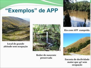 Rio com APP cumprida
Encosta de declividade
maior que 45º sem
ocupação
Local de grande
altitude sem ocupação
Redor de nascente
preservada
“Exemplos” de APP
 