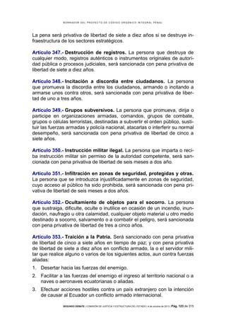 B OR R AD OR D E L P R OYE C T O D E C ÓD IG O OR GÁ N IC O IN T E GR AL P E N AL

La pena será privativa de libertad de siete a diez años si se destruye infraestructura de los sectores estratégicos.
Artículo 347.- Destrucción de registros. La persona que destruya de
cualquier modo, registros auténticos o instrumentos originales de autoridad pública o procesos judiciales, será sancionada con pena privativa de
libertad de siete a diez años.
Artículo 348.- Incitación a discordia entre ciudadanos. La persona
que promueva la discordia entre los ciudadanos, armando o incitando a
armarse unos contra otros, será sancionada con pena privativa de libertad de uno a tres años.
Artículo 349.- Grupos subversivos. La persona que promueva, dirija o
participe en organizaciones armadas, comandos, grupos de combate,
grupos o células terroristas, destinadas a subvertir el orden público, sustituir las fuerzas armadas y policía nacional, atacarlas o interferir su normal
desempeño, será sancionada con pena privativa de libertad de cinco a
siete años.
Artículo 350.- Instrucción militar ilegal. La persona que imparta o reciba instrucción militar sin permiso de la autoridad competente, será sancionada con pena privativa de libertad de seis meses a dos año.
Artículo 351.- Infiltración en zonas de seguridad, protegidas y otras.
La persona que se introduzca injustificadamente en zonas de seguridad,
cuyo acceso al público ha sido prohibida, será sancionada con pena privativa de libertad de seis meses a dos años.
Artículo 352.- Ocultamiento de objetos para el socorro. La persona
que sustraiga, dificulte, oculte o inutilice en ocasión de un incendio, inundación, naufragio u otra calamidad, cualquier objeto material u otro medio
destinado a socorro, salvamento o a combatir el peligro, será sancionada
con pena privativa de libertad de tres a cinco años.
Artículo 353.- Traición a la Patria. Será sancionado con pena privativa
de libertad de cinco a siete años en tiempo de paz; y con pena privativa
de libertad de siete a diez años en conflicto armado, la o el servidor militar que realice alguno o varios de los siguientes actos, aun contra fuerzas
aliadas:
1. Desertar hacia las fuerzas del enemigo.
2. Facilitar a las fuerzas del enemigo el ingreso al territorio nacional o a
naves o aeronaves ecuatorianas o aliadas.
3. Efectuar acciones hostiles contra un país extranjero con la intención
de causar al Ecuador un conflicto armado internacional.
SEGUNDO DEBATE | COMISIÓN DE JUSTICIA Y ESTRUCTURA DEL ESTADO | 4 de octubre de 2013 | Pág.

123 de 315

 