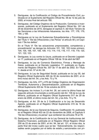 B OR R AD OR D E L P R OYE C T O D E C ÓD IG O OR GÁ N IC O IN T E GR AL P E N AL

5. Deróguese, de la Codificación al Código de Procedimiento Civil, publicada en el Suplemento del Registro Oficial No. 58 de 12 de julio de
2005, el inciso final del artículo 180.
6. Deróguese, del Código Orgánico de la Producción, Comercio e inversiones, publicado en el Suplemento del Registro Oficial No. 351 de
29 de diciembre de 2010, derogase el capítulo II, del título Tercero de
las Sanciones a las Infracciones Aduaneras, los Arts. 177, 178, 179,
184, y 185.
7. Deróguese en la Ley de Sustancias Estupefacientes y Psicotrópicas
del Título V “De las infracciones y las Penas” el artículo 56 y el Capítulo I “De los delitos”.
En el Título VI “De las actuaciones preprocesales, competencia y
procedimiento” se deroga los Artículos 101, 102, 103 inciso primero,
104, 105, 106, 107, 108, 109, 113, 114, 115, 116, 117, 118, 119, 120,
121, 122, 123.
8. Deróguese, la Ley contra la Usura, publicada en el Decreto Legislativo 17, publicado en el Registro Oficial 108 de 18 de abril de1967.
9. Deróguese, la Ley de Comercio Electrónico, Firmas y Mensaje de
Datos, publicada en el Decreto Legislativo 17, publicado en Suplemento del Registro Oficial No. 557 de 17 de abril de 2002. En Título
V, desde el Art. 57 al Art. 64.
10. Deróguese, la Ley de Seguridad Social, publicada en la Ley 55, del
Registro Oficial Suplemento 465 de 30 de noviembre de 2001, el último inciso del Art. 54, y los Arts. 73 y 74.
11. Deróguese, los Arts. 477 y 478 del Código Orgánico de Organización
Territorial, Autonomía y Descentralización, publicado en el Registro
Oficial Suplemento 303 de 19 de octubre de 2010.
12. Deróguese, los incisos 3 y 4 del Art. 26, así como la última frase del
segundo artículo innumerado a continuación del Art. 138 de la Ley de
Minería, publicada en el Registro Oficial Suplemento 517 de 29 de
enero de 2009, el último inciso del Art. 54, y los Arts. 73 y 74.
13. Deróguese, el Art. 29 de la 2 Codificación a la Ley de Desarrollo
Agrario, publicada en el Registro Oficial Suplemento 315 de 16 de
abril de 2004.
14. Deróguese, de la Ley General de Seguros, Codificación 10, publicada
en el Registro Oficial 403 de 23 de noviembre de 2006, el Capítulo II
“De las infracciones y la penas” que contienen los artículos 76 al 78.
15. Deróguese, de la Codificación de la Ley General de Instituciones del
Sistema Financiero, publicada en el Registro Oficial Registro Oficial
250 de 23 de enero de 2001, el Art. 94, del art. 121, el inciso dos, la
parte final del inciso cuatro que se lee: “Adicionalmente, los responsables serán juzgados por el delito de estafa y sancionados con priSEGUNDO DEBATE | COMISIÓN DE JUSTICIA Y ESTRUCTURA DEL ESTADO | 4 de octubre de 2013 | Pág.

272 de 315

 