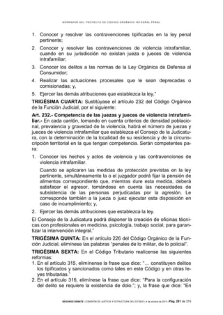 B OR R AD OR D E L P R OYE C T O D E C ÓD IG O OR GÁ N IC O IN T E GR AL P E N AL

1. Conocer y resolver las contravenciones tipificadas en la ley penal
pertinente;
2. Conocer y resolver las contravenciones de violencia intrafamiliar,
cuando en su jurisdicción no existan jueza o jueces de violencia
intrafamiliar;
3. Conocer los delitos a las normas de la Ley Orgánica de Defensa al
Consumidor;
4. Realizar las actuaciones procesales que le sean deprecadas o
comisionadas; y,
5. Ejercer las demás atribuciones que establezca la ley.”
TRIGÉSIMA CUARTA: Sustitúyase el artículo 232 del Código Orgánico
de la Función Judicial, por el siguiente:
Art. 232.- Competencia de las juezas y jueces de violencia intrafamiliar.- En cada cantón, tomando en cuenta criterios de densidad poblacional, prevalencia y gravedad de la violencia, habrá el número de juezas y
jueces de violencia intrafamiliar que establezca el Consejo de la Judicatura, con la determinación de la localidad de su residencia y de la circunscripción territorial en la que tengan competencia. Serán competentes para:
1. Conocer los hechos y actos de violencia y las contravenciones de
violencia intrafamiliar.
Cuando se aplicaren las medidas de protección previstas en la ley
pertinente, simultáneamente la o el juzgador podrá fijar la pensión de
alimentos correspondiente que, mientras dure esta medida, deberá
satisfacer el agresor, tomándose en cuenta las necesidades de
subsistencia de las personas perjudicadas por la agresión. Le
corresponde también a la jueza o juez ejecutar esta disposición en
caso de incumplimiento; y,
2. Ejercer las demás atribuciones que establezca la ley.
El Consejo de la Judicatura podrá disponer la creación de oficinas técnicas con profesionales en medicina, psicología, trabajo social; para garantizar la intervención integral.”
TRIGÉSIMA QUINTA: En el artículo 226 del Código Orgánico de la Función Judicial, elimínese las palabras “penales de lo militar, de lo policial”.
TRIGÉSIMA SEXTA: En el Código Tributario realícense las siguientes
reformas:
1. En el artículo 315, elimínense la frase que dice: “… constituyen delitos
los tipificados y sancionados como tales en este Código y en otras leyes tributarias.”
2. En el artículo 316, elimínese la frase que dice: “Para la configuración
del delito se requiere la existencia de dolo.”; y, la frase que dice: “En
SEGUNDO DEBATE | COMISIÓN DE JUSTICIA Y ESTRUCTURA DEL ESTADO | 4 de octubre de 2013 | Pág.

281 de 315

 