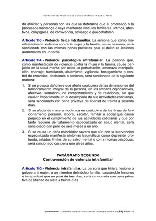 B OR R AD OR D E L P R OYE C T O D E C ÓD IG O OR GÁ N IC O IN T E GR AL P E N AL

de afinidad y personas con las que se determine que el procesado o la
procesada mantenga o haya mantenido vínculos familiares, íntimos, afectivos, conyugales, de convivencia, noviazgo o que cohabiten.
Artículo 153.- Violencia física intrafamiliar. La persona que, como manifestación de violencia contra la mujer y la familia, cause lesiones, será
sancionada con las mismas penas previstas para el delito de lesiones
aumentadas en un tercio.
Artículo 154.- Violencia psicológica intrafamiliar. La persona que,
como manifestación de violencia contra la mujer y la familia, cause perjuicio en la salud mental por actos de perturbación, amenaza, manipulación, chantaje, humillación, aislamiento, vigilancia, hostigamiento o control de creencias, decisiones o acciones, será sancionada de la siguiente
manera:
1. Si se provoca daño leve que afecte cualquiera de las dimensiones del
funcionamiento integral de la persona, en los ámbitos cognoscitivos,
afectivos, somáticos, de comportamiento y de relaciones, sin que
causen impedimento en el desempeño de sus actividades cotidianas,
será sancionado con pena privativa de libertad de treinta a sesenta
días.
2. Si se afecta de manera moderada en cualquiera de las áreas de funcionamiento personal, laboral, escolar, familiar o social que cause
perjuicio en el cumplimiento de sus actividades cotidianas y que por
tanto requiere de tratamiento especializado en salud mental, será
sancionado con pena de seis meses a un año.
3. Si se causa un daño psicológico severo que aún con la intervención
especializada manifiesta síntomas traumáticos como depresión profunda, estados límites de su salud mental o con síntomas psicóticos,
será sancionado con pena uno a tres años.

PARÁGRAFO SEGUNDO
Contravención de violencia intrafamiliar
Artículo 155.- Violencia intrafamiliar. La persona que hiriera, lesione o
golpee a la mujer, a un miembro del núcleo familiar, causándole lesiones
o incapacidad que no pase de tres días, será sancionada con pena privativa de libertad de siete a treinta días.

SEGUNDO DEBATE | COMISIÓN DE JUSTICIA Y ESTRUCTURA DEL ESTADO | 4 de octubre de 2013 | Pág.

63 de 315

 