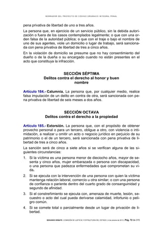 B OR R AD OR D E L P R OYE C T O D E C ÓD IG O OR GÁ N IC O IN T E GR AL P E N AL

pena privativa de libertad de uno a tres años.
La persona que, en ejercicio de un servicio público, sin la debida autorización o fuera de los casos contemplados legalmente; o que con una orden falsa de la autoridad pública; o que con el traje o bajo el nombre de
uno de sus agentes, viole un domicilio o lugar de trabajo, será sancionada con pena privativa de libertad de tres a cinco años.
En la violación de domicilio se presume que no hay consentimiento del
dueño o de la dueña o su encargado cuando no están presentes en el
acto que constituya la infracción.

SECCIÓN SÉPTIMA
Delitos contra el derecho al honor y buen
nombre
Artículo 184.- Calumnia. La persona que, por cualquier medio, realice
falsa imputación de un delito en contra de otra, será sancionada con pena privativa de libertad de seis meses a dos años.

SECCIÓN OCTAVA
Delitos contra el derecho a la propiedad
Artículo 185.- Extorsión. La persona que, con el propósito de obtener
provecho personal o para un tercero, obligue a otro, con violencia o intimidación, a realizar u omitir un acto o negocio jurídico en perjuicio de su
patrimonio o el de un tercero, será sancionada con pena privativa de libertad de tres a cinco años.
La sanción será de cinco a siete años si se verifican alguna de las siguientes circunstancias:
1. Si la víctima es una persona menor de dieciocho años, mayor de sesenta y cinco años, mujer embarazada o persona con discapacidad,
o una persona que padezca enfermedades que comprometan su vida.
2. Si se ejecuta con la intervención de una persona con quien la víctima
mantenga relación laboral, comercio u otra similar; o con una persona
de confianza o pariente dentro del cuarto grado de consanguinidad y
segundo de afinidad.
3. Si el constreñimiento se ejecuta con, amenaza de muerte, lesión, secuestro o acto del cual pueda derivarse calamidad, infortunio o peligro común.
4. Si se comete total o parcialmente desde un lugar de privación de libertad.
SEGUNDO DEBATE | COMISIÓN DE JUSTICIA Y ESTRUCTURA DEL ESTADO | 4 de octubre de 2013 | Pág.

72 de 315

 
