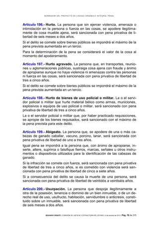 B OR R AD OR D E L P R OYE C T O D E C ÓD IG O OR GÁ N IC O IN T E GR AL P E N AL

Artículo 196.- Hurto. La persona que sin ejercer violencia, amenaza o
intimidación en la persona o fuerza en las cosas, se apodere ilegítimamente de cosa mueble ajena, será sancionada con pena privativa de libertad de seis meses a dos años.
Si el delito se comete sobre bienes públicos se impondrá el máximo de la
pena prevista aumentada en un tercio.
Para la determinación de la pena se considerará el valor de la cosa al
momento del apoderamiento.
Artículo 197.- Hurto agravado. La persona que, en transportes, reuniones u aglomeraciones públicas, sustraiga cosa ajena con fraude y ánimo
de apropiarse aunque no haya violencia ni amenazas contra las personas
ni fuerza en las cosas, será sancionada con pena privativa de libertad de
tres a cinco años.
Si el delito se comete sobre bienes públicos se impondrá el máximo de la
pena prevista aumentada en un tercio.
Artículo 198.- Hurto de bienes de uso policial o militar. La o el servidor policial o militar que hurte material bélico como armas, municiones,
explosivos o equipos de uso policial o militar, será sancionado con pena
privativa de libertad de tres a cinco años.
La o el servidor policial o militar que, por haber practicado requisiciones,
se apropie de los bienes requisados, será sancionado con el máximo de
la pena prevista para este delito.
Artículo 199.- Abigeato. La persona que, se apodere de una o más cabezas de ganado caballar, vacuno, porcino, lanar, será sancionada con
pena privativa de libertad de uno a tres años.
Igual pena se impondrá a la persona que, con ánimo de apropiarse, inserte, altere, suprima o falsifique fierros, marcas, señales u otros instrumentos o dispositivos utilizados para la identificación de las cabezas de
ganado.
Si la infracción se comete con fuerza, será sancionada con pena privativa
de libertad de tres a cinco años, si es cometido con violencia será sancionada con pena privativa de libertad de cinco a siete años.
Si a consecuencia del delito se causa la muerte de una persona, será
sancionada con pena privativa de libertad de veintidós a veintiséis años.
Artículo 200.- Usurpación. La persona que despoje ilegítimamente a
otra de la posesión, tenencia o dominio de un bien inmueble, o de un derecho real de uso, usufructo, habitación, servidumbre o anticresis, constituido sobre un inmueble, será sancionada con pena privativa de libertad
de seis meses a dos años.
SEGUNDO DEBATE | COMISIÓN DE JUSTICIA Y ESTRUCTURA DEL ESTADO | 4 de octubre de 2013 | Pág.

76 de 315

 