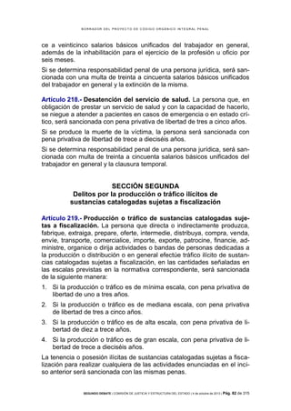 B OR R AD OR D E L P R OYE C T O D E C ÓD IG O OR GÁ N IC O IN T E GR AL P E N AL

ce a veinticinco salarios básicos unificados del trabajador en general,
además de la inhabilitación para el ejercicio de la profesión u oficio por
seis meses.
Si se determina responsabilidad penal de una persona jurídica, será sancionada con una multa de treinta a cincuenta salarios básicos unificados
del trabajador en general y la extinción de la misma.
Artículo 218.- Desatención del servicio de salud. La persona que, en
obligación de prestar un servicio de salud y con la capacidad de hacerlo,
se niegue a atender a pacientes en casos de emergencia o en estado crítico, será sancionada con pena privativa de libertad de tres a cinco años.
Si se produce la muerte de la víctima, la persona será sancionada con
pena privativa de libertad de trece a dieciséis años.
Si se determina responsabilidad penal de una persona jurídica, será sancionada con multa de treinta a cincuenta salarios básicos unificados del
trabajador en general y la clausura temporal.

SECCIÓN SEGUNDA
Delitos por la producción o tráfico ilícitos de
sustancias catalogadas sujetas a fiscalización
Artículo 219.- Producción o tráfico de sustancias catalogadas sujetas a fiscalización. La persona que directa o indirectamente produzca,
fabrique, extraiga, prepare, oferte, intermedie, distribuya, compra, venda,
envíe, transporte, comercialice, importe, exporte, patrocine, financie, administre, organice o dirija actividades o bandas de personas dedicadas a
la producción o distribución o en general efectúe tráfico ilícito de sustancias catalogadas sujetas a fiscalización, en las cantidades señaladas en
las escalas previstas en la normativa correspondiente, será sancionada
de la siguiente manera:
1. Si la producción o tráfico es de mínima escala, con pena privativa de
libertad de uno a tres años.
2. Si la producción o tráfico es de mediana escala, con pena privativa
de libertad de tres a cinco años.
3. Si la producción o tráfico es de alta escala, con pena privativa de libertad de diez a trece años.
4. Si la producción o tráfico es de gran escala, con pena privativa de libertad de trece a dieciséis años.
La tenencia o posesión ilícitas de sustancias catalogadas sujetas a fiscalización para realizar cualquiera de las actividades enunciadas en el inciso anterior será sancionada con las mismas penas.

SEGUNDO DEBATE | COMISIÓN DE JUSTICIA Y ESTRUCTURA DEL ESTADO | 4 de octubre de 2013 | Pág.

82 de 315

 
