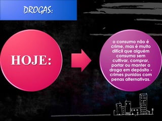 DROGAS:
HOJE:
o consumo não é
crime, mas é muito
difícil que alguém
consuma sem
cultivar, comprar,
portar ou manter a
droga em depósito -
crimes punidos com
penas alternativas.
 