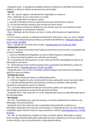 Parágrafo único - A exceção da verdade somente se admite se o ofendido é funcionário
público e a ofensa é relativa ao exercício de suas funções.
Injúria
Art. 140 - Injuriar alguém, ofendendo-lhe a dignidade ou o decoro:
Pena - detenção, de um a seis meses, ou multa.
§ 1º - O juiz pode deixar de aplicar a pena:
I - quando o ofendido, de forma reprovável, provocou diretamente a injúria;
II - no caso de retorsão imediata, que consista em outra injúria.
§ 2º - Se a injúria consiste em violência ou vias de fato, que, por sua natureza ou pelo
meio empregado, se considerem aviltantes:
Pena - detenção, de três meses a um ano, e multa, além da pena correspondente à
violência.
§ 3o
Se a injúria consiste na utilização de elementos referentes a raça, cor, etnia, religião,
origem ou a condição de pessoa idosa ou portadora de deficiência: (Redação dada pela
Lei nº 10.741, de 2003)
Pena - reclusão de um a três anos e multa. (Incluído pela Lei nº 9.459, de 1997)
Disposições comuns
Art. 141 - As penas cominadas neste Capítulo aumentam-se de um terço, se qualquer dos
crimes é cometido:
I - contra o Presidente da República, ou contra chefe de governo estrangeiro;
II - contra funcionário público, em razão de suas funções;
III - na presença de várias pessoas, ou por meio que facilite a divulgação da calúnia, da
difamação ou da injúria.
IV – contra pessoa maior de 60 (sessenta) anos ou portadora de deficiência, exceto no
caso de injúria. (Incluído pela Lei nº 10.741, de 2003)
Parágrafo único - Se o crime é cometido mediante paga ou promessa de recompensa,
aplica-se a pena em dobro.
Exclusão do crime
Art. 142 - Não constituem injúria ou difamação punível:
I - a ofensa irrogada em juízo, na discussão da causa, pela parte ou por seu procurador;
II - a opinião desfavorável da crítica literária, artística ou científica, salvo quando
inequívoca a intenção de injuriar ou difamar;
III - o conceito desfavorável emitido por funcionário público, em apreciação ou
informação que preste no cumprimento de dever do ofício.
Parágrafo único - Nos casos dos ns. I e III, responde pela injúria ou pela difamação quem
lhe dá publicidade.
Retratação
Art. 143 - O querelado que, antes da sentença, se retrata cabalmente da calúnia ou da
difamação, fica isento de pena.
Parágrafo único. Nos casos em que o querelado tenha praticado a calúnia ou a
difamação utilizando-se de meios de comunicação, a retratação dar-se-á, se assim desejar
o ofendido, pelos mesmos meios em que se praticou a ofensa. (Incluído pela Lei nº 13.188,
de 2015)
Art. 144 - Se, de referências, alusões ou frases, se infere calúnia, difamação ou injúria,
quem se julga ofendido pode pedir explicações em juízo. Aquele que se recusa a dá-las ou,
a critério do juiz, não as dá satisfatórias, responde pela ofensa.
 