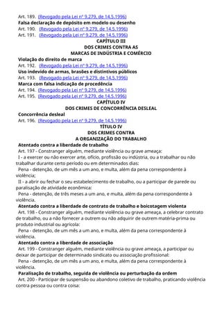 Art. 189. (Revogado pela Lei nº 9.279, de 14.5.1996)
Falsa declaração de depósito em modelo ou desenho
Art. 190. (Revogado pela Lei nº 9.279, de 14.5.1996)
Art. 191. (Revogado pela Lei nº 9.279, de 14.5.1996)
CAPÍTULO III
DOS CRIMES CONTRA AS
MARCAS DE INDÚSTRIA E COMÉRCIO
Violação do direito de marca
Art. 192. (Revogado pela Lei nº 9.279, de 14.5.1996)
Uso indevido de armas, brasões e distintivos públicos
Art. 193. (Revogado pela Lei nº 9.279, de 14.5.1996)
Marca com falsa indicação de procedência
Art. 194. (Revogado pela Lei nº 9.279, de 14.5.1996)
Art. 195. (Revogado pela Lei nº 9.279, de 14.5.1996)
CAPÍTULO IV
DOS CRIMES DE CONCORRÊNCIA DESLEAL
Concorrência desleal
Art. 196. (Revogado pela Lei nº 9.279, de 14.5.1996)
TÍTULO IV
DOS CRIMES CONTRA
A ORGANIZAÇÃO DO TRABALHO
Atentado contra a liberdade de trabalho
Art. 197 - Constranger alguém, mediante violência ou grave ameaça:
I - a exercer ou não exercer arte, ofício, profissão ou indústria, ou a trabalhar ou não
trabalhar durante certo período ou em determinados dias:
Pena - detenção, de um mês a um ano, e multa, além da pena correspondente à
violência;
II - a abrir ou fechar o seu estabelecimento de trabalho, ou a participar de parede ou
paralisação de atividade econômica:
Pena - detenção, de três meses a um ano, e multa, além da pena correspondente à
violência.
Atentado contra a liberdade de contrato de trabalho e boicotagem violenta
Art. 198 - Constranger alguém, mediante violência ou grave ameaça, a celebrar contrato
de trabalho, ou a não fornecer a outrem ou não adquirir de outrem matéria-prima ou
produto industrial ou agrícola:
Pena - detenção, de um mês a um ano, e multa, além da pena correspondente à
violência.
Atentado contra a liberdade de associação
Art. 199 - Constranger alguém, mediante violência ou grave ameaça, a participar ou
deixar de participar de determinado sindicato ou associação profissional:
Pena - detenção, de um mês a um ano, e multa, além da pena correspondente à
violência.
Paralisação de trabalho, seguida de violência ou perturbação da ordem
Art. 200 - Participar de suspensão ou abandono coletivo de trabalho, praticando violência
contra pessoa ou contra coisa:
 