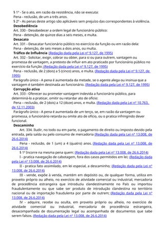 § 1º - Se o ato, em razão da resistência, não se executa:
Pena - reclusão, de um a três anos.
§ 2º - As penas deste artigo são aplicáveis sem prejuízo das correspondentes à violência.
Desobediência
Art. 330 - Desobedecer a ordem legal de funcionário público:
Pena - detenção, de quinze dias a seis meses, e multa.
Desacato
Art. 331 - Desacatar funcionário público no exercício da função ou em razão dela:
Pena - detenção, de seis meses a dois anos, ou multa.
Tráfico de Influência (Redação dada pela Lei nº 9.127, de 1995)
Art. 332 - Solicitar, exigir, cobrar ou obter, para si ou para outrem, vantagem ou
promessa de vantagem, a pretexto de influir em ato praticado por funcionário público no
exercício da função: (Redação dada pela Lei nº 9.127, de 1995)
Pena - reclusão, de 2 (dois) a 5 (cinco) anos, e multa. (Redação dada pela Lei nº 9.127, de
1995)
Parágrafo único - A pena é aumentada da metade, se o agente alega ou insinua que a
vantagem é também destinada ao funcionário. (Redação dada pela Lei nº 9.127, de 1995)
Corrupção ativa
Art. 333 - Oferecer ou prometer vantagem indevida a funcionário público, para
determiná-lo a praticar, omitir ou retardar ato de ofício:
Pena – reclusão, de 2 (dois) a 12 (doze) anos, e multa. (Redação dada pela Lei nº 10.763,
de 12.11.2003)
Parágrafo único - A pena é aumentada de um terço, se, em razão da vantagem ou
promessa, o funcionário retarda ou omite ato de ofício, ou o pratica infringindo dever
funcional.
Descaminho
Art. 334. Iludir, no todo ou em parte, o pagamento de direito ou imposto devido pela
entrada, pela saída ou pelo consumo de mercadoria (Redação dada pela Lei nº 13.008, de
26.6.2014)
Pena - reclusão, de 1 (um) a 4 (quatro) anos. (Redação dada pela Lei nº 13.008, de
26.6.2014)
§ 1o
Incorre na mesma pena quem: (Redação dada pela Lei nº 13.008, de 26.6.2014)
I - pratica navegação de cabotagem, fora dos casos permitidos em lei; (Redação dada
pela Lei nº 13.008, de 26.6.2014)
II - pratica fato assimilado, em lei especial, a descaminho; (Redação dada pela Lei nº
13.008, de 26.6.2014)
III - vende, expõe à venda, mantém em depósito ou, de qualquer forma, utiliza em
proveito próprio ou alheio, no exercício de atividade comercial ou industrial, mercadoria
de procedência estrangeira que introduziu clandestinamente no País ou importou
fraudulentamente ou que sabe ser produto de introdução clandestina no território
nacional ou de importação fraudulenta por parte de outrem; (Redação dada pela Lei nº
13.008, de 26.6.2014)
IV - adquire, recebe ou oculta, em proveito próprio ou alheio, no exercício de
atividade comercial ou industrial, mercadoria de procedência estrangeira,
desacompanhada de documentação legal ou acompanhada de documentos que sabe
serem falsos. (Redação dada pela Lei nº 13.008, de 26.6.2014)
 