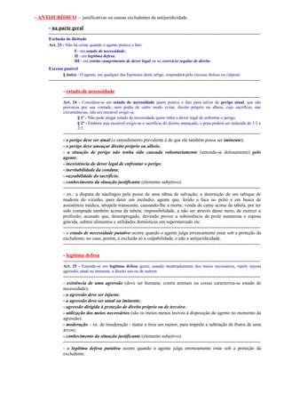 - ANTIJURÍDICO – justificativas ou causas excludentes da antijuridicidade.
- na parte geral
------------------------------------------------------------------------------------------------------------------------------------Exclusão de ilicitude
Art. 23 - Não há crime quando o agente pratica o fato:
I - em estado de necessidade;
II - em legítima defesa;
III - em estrito cumprimento de dever legal ou no exercício regular de direito.
Excesso punível
§ único - O agente, em qualquer das hipóteses deste artigo, responderá pelo excesso doloso ou culposo.

-------------------------------------------------------------------------------------------------------------------------------------

- estado de necessidade
---------------------------------------------------------------------------------------------------------------------------Art. 24 - Considera-se em estado de necessidade quem pratica o fato para salvar de perigo atual, que não
provocou por sua vontade, nem podia de outro modo evitar, direito próprio ou alheio, cujo sacrifício, nas
circunstâncias, não era razoável exigir-se.
§ 1º - Não pode alegar estado de necessidade quem tinha o dever legal de enfrentar o perigo.
§ 2º - Embora seja razoável exigir-se o sacrifício do direito ameaçado, a pena poderá ser reduzida de 1/3 a
2/3.

---------------------------------------------------------------------------------------------------------------------------- o perigo deve ser atual (o entendimento prevalente é de que ele também possa ser iminente);
- o perigo deve ameaçar direito próprio ou alheio;
- a situação de perigo não tenha sido causada voluntariamente (entenda-se dolosamente) pelo
agente;
- inexistência do dever legal de enfrentar o perigo;
- inevitabilidade da conduta;
- razoabilidade do sacrifício;
- conhecimento da situação justificante (elemento subjetivo).
---------------------------------------------------------------------------------------------------------------------------- ex.: a disputa de náufragos pela posse de uma tábua de salvação; a destruição de um tabique de
madeira do vizinho, para deter um incêndio; agente que, ferido a faca no peito e em busca de
assistência médica, atropela transeunte, causando-lhe a morte; venda de carne acima da tabela, por ter
sido comprada também acima da tabela; impossibilidade, a não ser através desse meio, de exercer a
profissão; acusado que, desempregado, devendo prover a subsistência de prole numerosa e esposa
grávida, subtrai alimentos e utilidades domésticas em supermercado etc.
---------------------------------------------------------------------------------------------------------------------------- o estado de necessidade putativo ocorre quando o agente julga erroneamente estar sob a proteção da
excludente; no caso, porém, é excluída só a culpabilidade, e não a antijuridicidade.
----------------------------------------------------------------------------------------------------------------------------

- legítima defesa
---------------------------------------------------------------------------------------------------------------------------Art. 25 - Entende-se em legítima defesa quem, usando moderadamente dos meios necessários, repele injusta
agressão, atual ou iminente, a direito seu ou de outrem.

---------------------------------------------------------------------------------------------------------------------------- existência de uma agressão (deve ser humana; contra animais ou coisas caracteriza-se estado de
necessidade);
- a agressão deve ser injusta;
- a agressão deve ser atual ou iminente;
- agressão dirigida à proteção de direito próprio ou de terceiro;
- utilização dos meios necessários (são os meios menos lesivos à disposição do agente no momento da
agressão).
- moderação – ex. de imoderação - matar a tiros um menor, para impedir a subtração de frutos de uma
árvore.
- conhecimento da situação justificante (elemento subjetivo).
---------------------------------------------------------------------------------------------------------------------------- a legítima defesa putativa ocorre quando o agente julga erroneamente estar sob a proteção da
excludente.

 