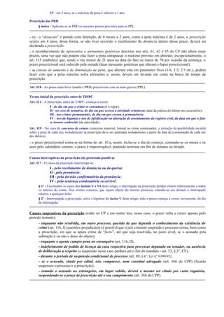 VI - em 2 anos, se o máximo da pena é inferior a 1 ano.
Prescrição das PRD
§ único - Aplicam-se às PRD os mesmos prazos previstos para as PPL.

-------------------------------------------------------------------------------------------------------------------------------------------- ex.: o “desacato” é punido com detenção, de 6 meses a 2 anos; como a pena máxima é de 2 anos, a prescrição
ocorre em 4 anos; dessa forma, se não tiver ocorrido o recebimento da denúncia dentro desse prazo, deverá ser
declarada a prescrição.
- o reconhecimento de agravantes e atenuantes genéricas descritas nos arts. 61, 62 e 65 do CP não altera esses
prazos, uma vez que não podem elas fazer a pena ultrapassar o máximo previsto em abstrato; excepcionalmente, o
art. 115 estabelece que, sendo o réu menor de 21 anos na data do fato ou maior de 70 por ocasião da sentença, o
prazo prescricional será reduzido pela metade (duas atenuante genéricas que alteram o lapso prescricional).
- as causas de aumento e de diminuição de pena, que alteram esta em patamares fixos (1/6, 1/3, 2/3 etc.), podem
fazer com que a pena máxima sofra alterações e, assim, devem ser levadas em conta na busca do tempo da
prescrição.
-------------------------------------------------------------------------------------------------------------------------------------------Art. 118 - As penas mais leves (multa e PRD) prescrevem com as mais graves (PPL).

-------------------------------------------------------------------------------------------------------------------------------------------Termo inicial da prescrição antes de TJSPC
Art. 111 - A prescrição, antes do TJSPC, começa a correr:
I - do dia em que o crime se consumou (é a regra);
II - no caso de tentativa, do dia em que cessou a atividade criminosa (data da prática do último ato executório);
III - nos crimes permanentes, do dia em que cessou a permanência;
IV - nos de bigamia e nos de falsificação ou alteração de assentamento do registro civil, da data em que o fato
se tornou conhecido (da autoridade).
Art. 119 - No caso de concurso de crimes (concurso material, formal ou crime continuado), a extinção da punibilidade incidirá
sobre a pena de cada um, isoladamente (a prescrição deve ser analisada isoladamente a partir da data da consumação de cada um
dos delitos).

- o prazo prescricional conta-se na forma do art. 10 e, assim, inclui-se o dia do começo, contando-se os meses e os
anos pelo calendário comum; o prazo é improrrogável, podendo terminar em fim de semana ou feriado.
-------------------------------------------------------------------------------------------------------------------------------------------Causas interruptivas da prescrição (da pretensão punitiva)
Art. 117 - O curso da prescrição interrompe-se:

I - pelo recebimento da denúncia ou da queixa;
II - pela pronúncia;
III - pela decisão confirmatória da pronúncia;
IV - pela sentença condenatória recorrível;
§ 1º - Excetuados os casos dos incisos V e VI deste artigo, a interrupção da prescrição produz efeitos relativamente a todos
os autores do crime. Nos crimes conexos, que sejam objeto do mesmo processo, estende-se aos demais a interrupção
relativa a qualquer deles.
§ 2º - Interrompida a prescrição, salvo a hipótese do inciso V deste artigo, todo o prazo começa a correr, novamente, do dia
da interrupção.

-------------------------------------------------------------------------------------------------------------------------------------------Causas suspensivas da prescrição (estão no CP e em outras leis; nesse caso, o prazo volta a correr apenas pelo
período restante):
- enquanto não resolvida, em outro processo, questão de que dependa o conhecimento da existência do
crime (art. 116, I) (questões prejudiciais) (é possível que o juiz criminal suspenda o processo-crime, bem como
a prescrição, em que se apura crime de “furto”, até que seja resolvida, no juízo cível, se o acusado pela
subtração é ou não o dono do objeto);
- enquanto o agente cumpre pena no estrangeiro (art. 116, II);
- indeferimento de pedido de licença da casa respectiva para processar deputado ou senador, ou ausência
de deliberação a respeito (a suspensão nesse caso perdura até o fim do mandato - art. 53, § 2°, CF);
- durante o período de suspensão condicional do processo (art. 89, § 6°, Lei n° 9.099/95);
- se o acusado, citado por edital, não comparece, nem constitui advogado (art. 366 do CPP) (ficarão
suspensos o processo e a prescrição);
- estando o acusado no estrangeiro, em lugar sabido, deverá o mesmo ser citado por carta rogatória,
suspendendo-se o prazo de prescrição até o seu cumprimento (art. 368 do CPP).
--------------------------------------------------------------------------------------------------------------------------------------------

 