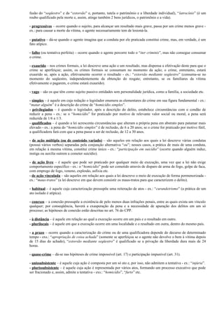 fusão do “seqüestro” e da “extorsão” e, portanto, tutela o patrimônio e a liberdade individual), “latrocínio” (é um
roubo qualificado pela morte e, assim, atinge também 2 bens jurídicos, o patrimônio e a vida).
- progressivos – ocorre quando o sujeito, para alcançar um resultado mais grave, passa por um crime menos grave ex.: para causar a morte da vítima, o agente necessariamente tem de lesioná-la.
- putativo – dá-se quando o agente imagina que a conduta por ele praticada constitui crime, mas, em verdade, é um
fato atípico.
- falho (ou tentativa perfeita) – ocorre quando o agente percorre todo o “iter criminis”, mas não consegue consumar
o crime.
- exaurido – nos crimes formais, a lei descreve uma ação e um resultado, mas dispensa a efetivação deste para que o
crime se aperfeiçoe; assim, os crimes formais se consumam no momento da ação; o crime, entretanto, estará
exaurido se, após a ação, efetivamente ocorrer o resultado - ex.: “extorsão mediante seqüestro” (consuma-se no
momento do seqüestro, independentemente da obtenção do resgate; entretanto, se os familiares da vítima
efetivamente o pagarem, o crime estará exaurido).
- vago – são os que têm como sujeito passivo entidades sem personalidade jurídica, como a família, a sociedade etc.
- simples – é aquele em cuja redação o legislador enumera as elementares do crime em sua figura fundamental - ex.:
“matar alguém” é a descrição do crime de “homicídio simples”.
- privilegiados – é quando o legislador, após a descrição do delito, estabelece circunstâncias com o condão de
reduzir a pena - ex.: se o “homicídio” for praticado por motivo de relevante valor social ou moral, a pena será
reduzida de 1/6 a 1/3.
- qualificados – é quando a lei acrescenta circunstâncias que alteram a própria pena em abstrato para patamar mais
elevado - ex.: a pena do “homicídio simples” é de reclusão, de 6 a 20 anos; se o crime for praticado por motivo fútil,
a qualificadora fará com que a pena passe a ser de reclusão, de 12 a 30 anos.
- de ação múltipla (ou de conteúdo variado) – são aqueles em relação aos quais a lei descreve várias condutas
(possui vários verbos) separadas pela conjunção alternativa “ou”; nesses casos, a prática de mais de uma conduta,
em relação à mesma vítima, constitui crime único - ex.: “participação em suicídio” (ocorre quando alguém induz,
instiga ou auxilia outrem a cometer suicídio).
- de ação livre – é aquele que pode ser praticado por qualquer meio de execução, uma vez que a lei não exige
comportamento específico - ex.: o “homicídio” pode ser cometido através de disparo de arma de fogo, golpe de faca,
com emprego de fogo, veneno, explosão, asfixia etc.
- de ação vinculada – são aqueles em relação aos quais a lei descreve o meio de execução de forma pormenorizada ex.: “maus-tratos” (a lei descreve em que devem consistir os maus-tratos para que caracterizem o delito).
- habitual – é aquele cuja caracterização pressupõe uma reiteração de atos - ex.: “curandeirismo” (a prática de um
ato isolado é atípica).
- conexos – a conexão pressupõe a existência de pelo menos duas infrações penais, entre as quais exista um vínculo
qualquer; por conseqüência, haverá a exasperação da pena e a necessidade de apuração dos delitos em um só
processo; as hipóteses de conexão estão descritas no art. 76 do CPP.
- à distância – é aquele em relação ao qual a execução ocorre em um país e o resultado em outro.
- plurilocais – é aquele em que a execução ocorre em uma localidade e o resultado em outra, dentro do mesmo país.
- a prazo – ocorre quando a caracterização do crime ou de uma qualificadora depende do decurso de determinado
tempo - exs.: “apropriação de coisa achada” (somente se aperfeiçoa se o agente não devolve o bem à vítima depois
de 15 dias do achado), “extorsão mediante seqüestro” é qualificado se a privação da liberdade dura mais de 24
horas.
- quase-crime – dá-se nas hipóteses de crime impossível (art. 17) e participação impunível (art. 31).
- unissubsistente – é aquele cuja ação é composta por um só ato e, por isso, não admitem a tentativa - ex.: “injúria”.
- plurissubsistente – é aquele cuja ação é representada por vários atos, formando um processo executivo que pode
ser fracionado e, assim, admite a tentativa - exs.: “homicídio”, “furto” etc.

 