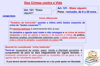 Dos Crimes contra a Vida
HOMICÍDIO
Art. 121. "Matar
alguém".
Art. 121 - Matar alguém:
Pena - reclusão, de 6 a 20 anos.
“Tentativa de homicídio” quando a vítima sofre lesões corporais do
crime de “lesões corporais”?
Em termos teóricos é extremamente fácil, já que:
Na tentativa o agente quer matar e não consegue e no crime de lesões
corporais o dolo do agente é apenas o de lesionar a vítima; na prática,
devemos analisar circunstâncias exteriores como o objeto utilizado, o local
onde a vítima foi atingida, a quantidade de golpes etc.
Como diferenciar
Quando for considerado “crime hediondo”
Torna-se insuscetível de anistia, graça, indulto e liberdade provisória; o
cumprimento da pena se dará integralmente em regime fechado; o
livramento condicional só será possível se cumpridos 2/3 da pena e se o
agente não for reincidente específico;
O juiz deverá decidir fundamentalmente se o réu pode apelar em liberdade.
 