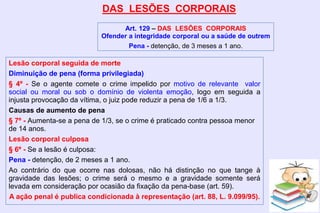 DAS LESÕES CORPORAIS
Art. 129 – DAS LESÕES CORPORAIS
Ofender a integridade corporal ou a saúde de outrem
Pena - detenção, de 3 meses a 1 ano.
Lesão corporal seguida de morte
Diminuição de pena (forma privilegiada)
§ 4º - Se o agente comete o crime impelido por motivo de relevante valor
social ou moral ou sob o domínio de violenta emoção, logo em seguida a
injusta provocação da vítima, o juiz pode reduzir a pena de 1/6 a 1/3.
Causas de aumento de pena
§ 7º - Aumenta-se a pena de 1/3, se o crime é praticado contra pessoa menor
de 14 anos.
Lesão corporal culposa
§ 6º - Se a lesão é culposa:
Pena - detenção, de 2 meses a 1 ano.
Ao contrário do que ocorre nas dolosas, não há distinção no que tange à
gravidade das lesões; o crime será o mesmo e a gravidade somente será
levada em consideração por ocasião da fixação da pena-base (art. 59).
A ação penal é publica condicionada à representação (art. 88, L. 9.099/95).
 