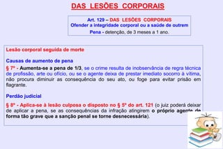 DAS LESÕES CORPORAIS
Art. 129 – DAS LESÕES CORPORAIS
Ofender a integridade corporal ou a saúde de outrem
Pena - detenção, de 3 meses a 1 ano.
Lesão corporal seguida de morte
Causas de aumento de pena
§ 7º - Aumenta-se a pena de 1/3, se o crime resulta de inobservância de regra técnica
de profissão, arte ou ofício, ou se o agente deixa de prestar imediato socorro à vítima,
não procura diminuir as consequência do seu ato, ou foge para evitar prisão em
flagrante.
Perdão judicial
§ 8º - Aplica-se à lesão culposa o disposto no § 5º do art. 121 (o juiz poderá deixar
de aplicar a pena, se as consequências da infração atingirem o próprio agente de
forma tão grave que a sanção penal se torne desnecessária).
 