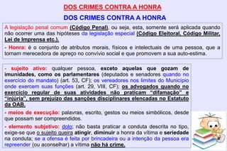 DOS CRIMES CONTRA A HONRA
DOS CRIMES CONTRA A HONRA
A legislação penal comum (Código Penal), ou seja, esta, somente será aplicada quando
não ocorrer uma das hipóteses da legislação especial (Código Eleitoral, Código Militar,
Lei de Imprensa etc.).
- Honra: é o conjunto de atributos morais, físicos e intelectuais de uma pessoa, que a
tornam merecedora de apreço no convívio social e que promovem a sua auto-estima.
- sujeito ativo: qualquer pessoa, exceto aquelas que gozam de
imunidades, como os parlamentares (deputados e senadores quando no
exercício do mandato) (art. 53, CF); os vereadores nos limites do Município
onde exercem suas funções (art. 29, VIII, CF); os advogados quando no
exercício regular de suas atividades não praticam “difamação” e
“injúria”, sem prejuízo das sanções disciplinares elencadas no Estatuto
da OAB.
- meios de execução: palavras, escrito, gestos ou meios simbólicos, desde
que possam ser compreendidos.
- elemento subjetivo: dolo; não basta praticar a conduta descrita no tipo,
exige-se que o sujeito queira atingir, diminuir a honra da vítima e seriedade
na conduta; se a ofensa é feita por brincadeira ou a intenção da pessoa era
repreender (ou aconselhar) a vítima não há crime.
 