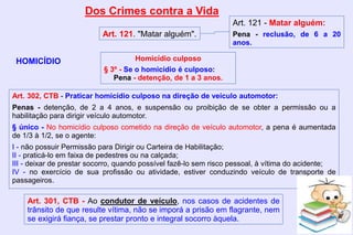 Dos Crimes contra a Vida
HOMICÍDIO
Art. 121. "Matar alguém".
Art. 121 - Matar alguém:
Pena - reclusão, de 6 a 20
anos.
Art. 302, CTB - Praticar homicídio culposo na direção de veículo automotor:
Penas - detenção, de 2 a 4 anos, e suspensão ou proibição de se obter a permissão ou a
habilitação para dirigir veículo automotor.
§ único - No homicídio culposo cometido na direção de veículo automotor, a pena é aumentada
de 1/3 à 1/2, se o agente:
I - não possuir Permissão para Dirigir ou Carteira de Habilitação;
II - praticá-lo em faixa de pedestres ou na calçada;
III - deixar de prestar socorro, quando possível fazê-lo sem risco pessoal, à vítima do acidente;
IV - no exercício de sua profissão ou atividade, estiver conduzindo veículo de transporte de
passageiros.
Homicídio culposo
§ 3º - Se o homicídio é culposo:
Pena - detenção, de 1 a 3 anos.
Art. 301, CTB - Ao condutor de veículo, nos casos de acidentes de
trânsito de que resulte vítima, não se imporá a prisão em flagrante, nem
se exigirá fiança, se prestar pronto e integral socorro àquela.
 