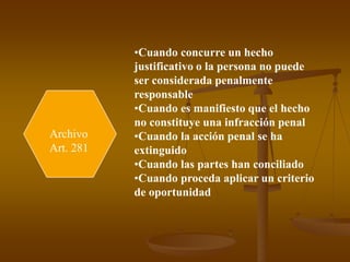 Archivo
Art. 281
•Cuando concurre un hecho
justificativo o la persona no puede
ser considerada penalmente
responsable
•Cuando es manifiesto que el hecho
no constituye una infracción penal
•Cuando la acción penal se ha
extinguido
•Cuando las partes han conciliado
•Cuando proceda aplicar un criterio
de oportunidad
 