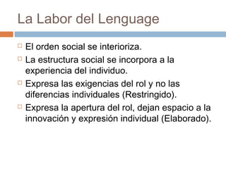 La Labor del Lenguage
   El orden social se interioriza.
   La estructura social se incorpora a la
    experiencia del individuo.
   Expresa las exigencias del rol y no las
    diferencias individuales (Restringido).
   Expresa la apertura del rol, dejan espacio a la
    innovación y expresión individual (Elaborado).
 