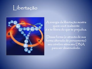 Libertação
A energia da libertação mostra
quem você realmente
é e te libera do que te prejudica.
Dessa forma (e através de sua
forma alterada de pensamento)
seu cérebro ativa seu DNA
para ser desenvolvido.
 