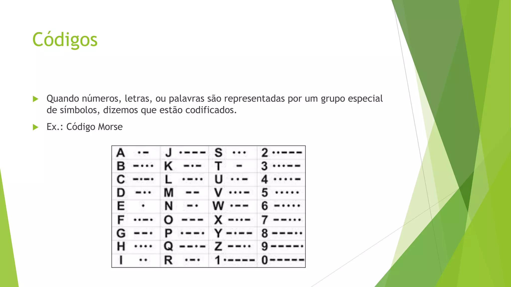 Códigos
 Quando números, letras, ou palavras são representadas por um grupo especial
de símbolos, dizemos que estão codificados.
 Ex.: Código Morse
 