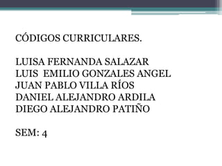 CÓDIGOS CURRICULARES.

LUISA FERNANDA SALAZAR
LUIS EMILIO GONZALES ANGEL
JUAN PABLO VILLA RÍOS
DANIEL ALEJANDRO ARDILA
DIEGO ALEJANDRO PATIÑO

SEM: 4
 