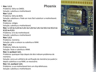  Bips: 1,1,3.
Problema: falha no CMOS.
Solução: substitua a motherboard.
Bips: 1,1,4.
Problema: falha da BIOS.
Solução: substitua-a. Pode ser mais fácil substituir a motherboard.
Bips: 1,2,1.
Problema: relógio.
Solução: substitua a motherboard.
Bips: 1, 2,2 ou 1,2,3 ou 1,3,1 ou 1,3,4 ou 1,4,1 ou 4,2,1 ou 4,3,1 ou
4,3,2 ou 4,3,3.
Problema: erro da motherboard.
Solução: substitua a motherboard.
Bips: 1,3,3.
Problema: memória.
Solução: volte a colocar ou substitua a RAM.
Bips: 1,4,2.
Problema: falha da memória.
Solução: Teste e substitua a RAM.
Bips: 2, qualquer som.
Problema: quaisquer bips depois de dois indicam problemas de
memória.
Solução: corra um utilitário de verificação de memória (se puder) e
depois substitua a sua RAM, se necessário.
Bips: 3,1, qualquer som.
Problema: a sua motherboard tem um chip defeituoso.
Solução: substitua a motherboard.
 